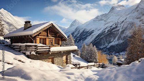 traditional mountain cabin in the Alps in winter