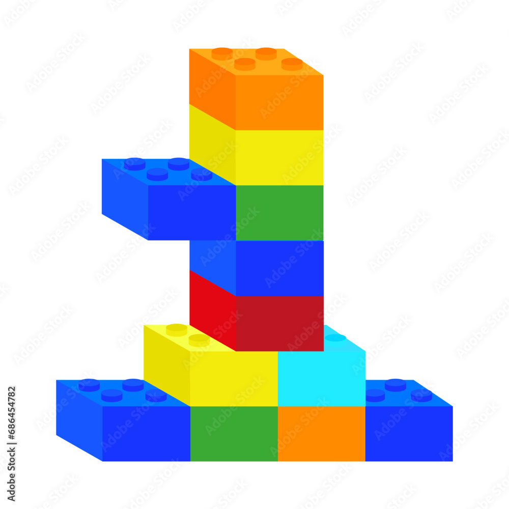 Fototapeta premium One built from colorful plastic building blocks. 1 from plastic constructor. Vector illustration. EPS 10.