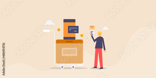 Man character with mobile in hand receive bank message, mobile shopping digital transaction purchasing from web ecommerce store, conceptual vector illustration.  