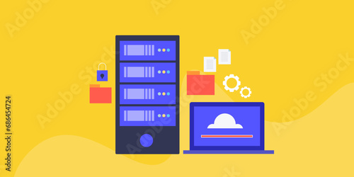 Cloud storage server data processing online file and document management, software application, cloud computing technology vector illustration.