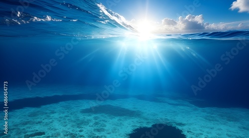 Sunlight shining through the surface of the blue ocean, sea, with dark waters and sandy seabed below. © Mariana