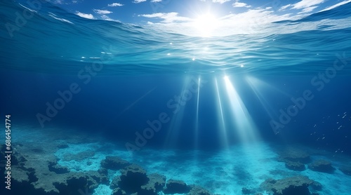 Sunlight shining through the surface of the blue ocean, sea, with dark waters and sandy seabed below. © Mariana