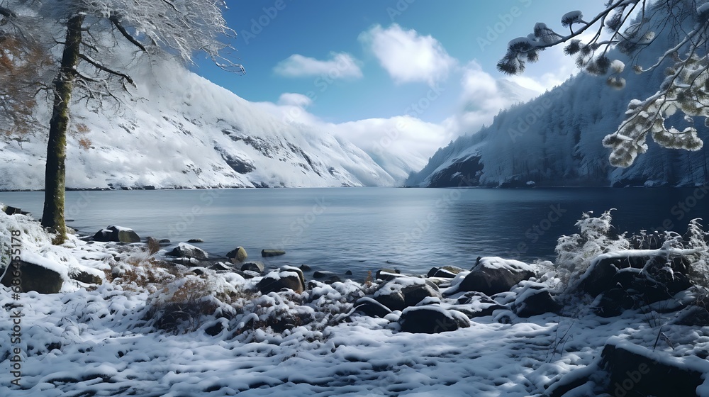 Winter view landscape, photograph, AI image generative, with lake and mountain covered by snow, beautiful sky.