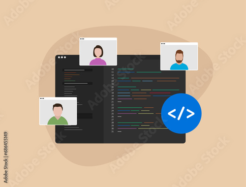 Outsourced product development concept. Collaborative outsourcing, Remote teamwork, digital team on demand, In-house Software Dev team. Vector illustration isolated on blue background with icons
