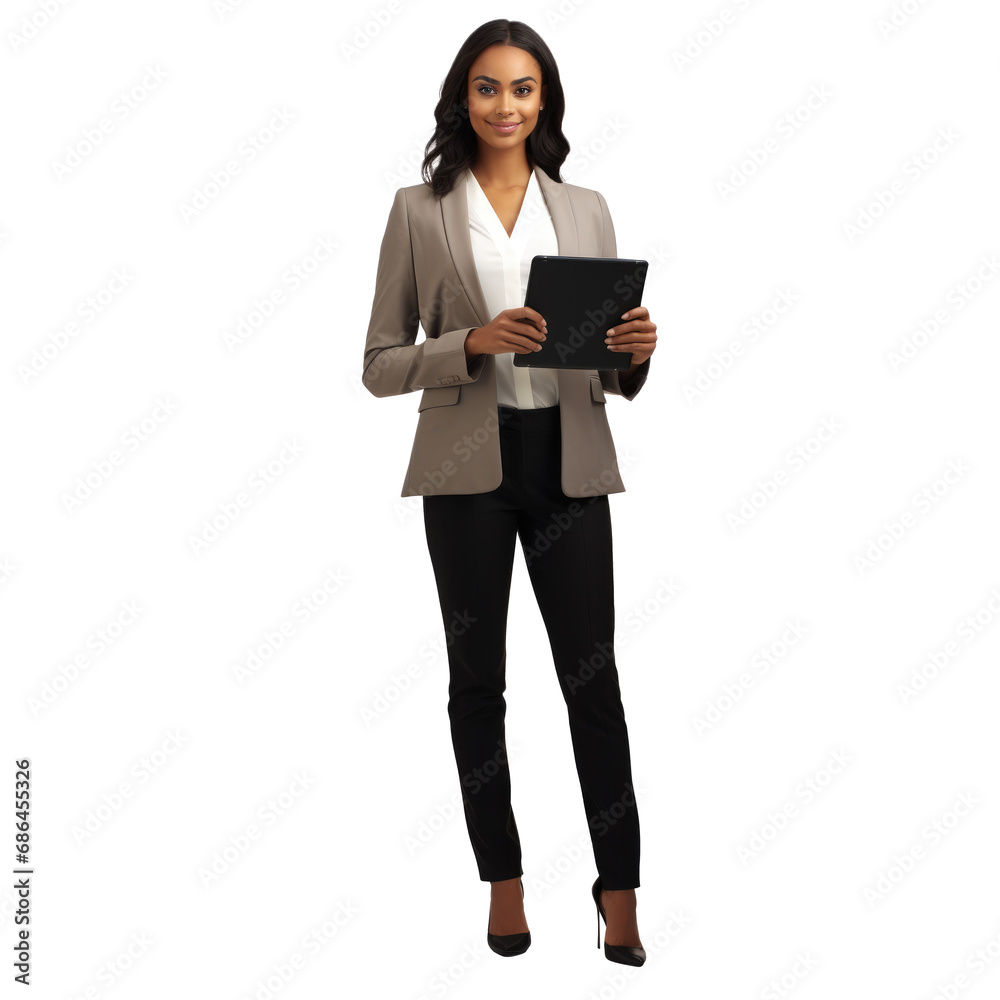 Portrait of Happy smiling African American businesswoman ceo wearing suit standing using digital tablet computer, Full body, isolated on white background, png Portrait of Happy smiling African American businesswoman ceo wearing suit standing using digital tablet computer, Full body, isolated on white background, png