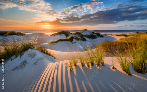 Golden Horizons  Coastal Sand Dunes Awakened by Sunrise