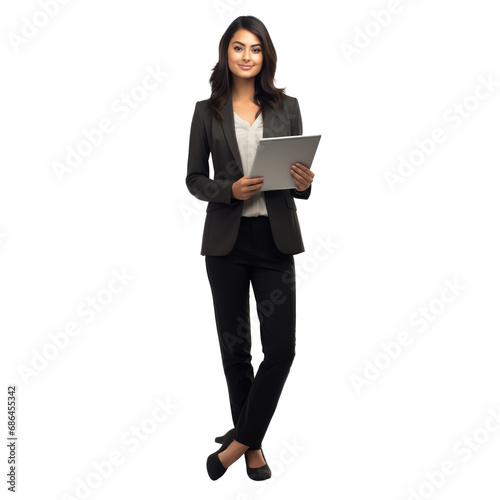 Portrait of Happy smiling businesswoman ceo wearing suit standing using digital tablet computer, Full body, isolated on white background, png