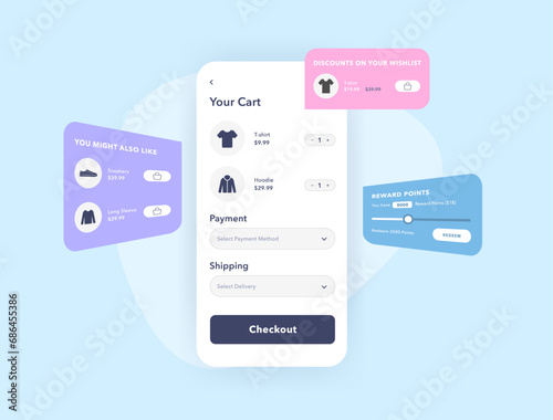 Checkout Personalization concept. Customize Checkout Process with E-Commerce extensions and custom fields. Personalize experience checkout optimization vector illustration isolated on blue background