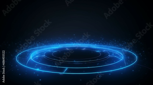 Tech business background Futuristic podium blue light ambient, isolated by black background, gaming style, cyberpunk style.
