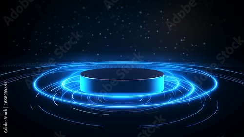 Tech business background Futuristic podium blue light ambient, isolated by black background, gaming style, cyberpunk style.