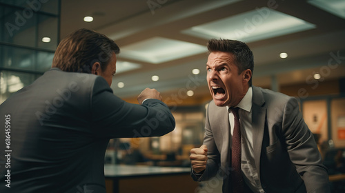 Boss yelling and firing employee in the workplace. Concept of Workplace Tension, Professional Challenges, and Unpleasant Employment Realities. photo