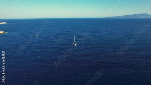 Flying over Paralia Emplisi beach, Kefalonia, during summer, Greek Ionian Islands.