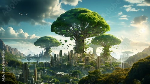 Split view of 
Tree nature on the village, green calm, cool vibes vs tree tech on the city, farious vibes, future design, AI image generative photo