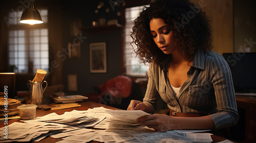 Black woman with bills all over the desk looking stressed. Concept of Financial Pressure, Economic Struggles, and Managing the Challenges of Daily Life. photo
