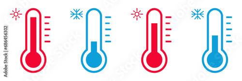 thermometer icon set in red and blue colors. symbols for measuring hot and cold body temperature. vector isolated on white background, modern and simple flat design.