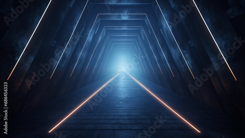 Dark concrete hallway with neon flashing lights to light up the darkness, neon lights, lasers, background, wallpaper, presentation