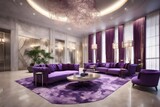 3D view, entree hall in luxury hotel, with purple color sofa's