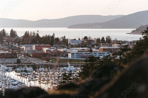 View of Anacortes from Cap Sante Park on Fidalgo Island at sunset in the San Juan Islands in northwest Washington  photo