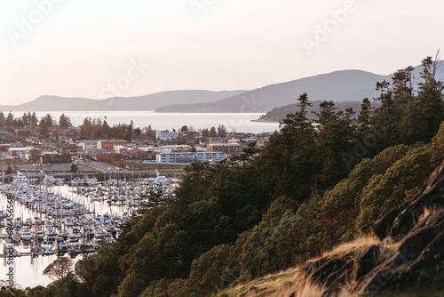 View of Anacortes from Cap Sante Park on Fidalgo Island at sunset in the San Juan Islands in northwest Washington 