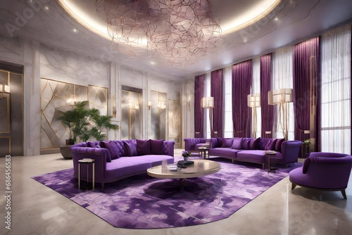 3D view  entree hall in luxury hotel  with purple color sofa s