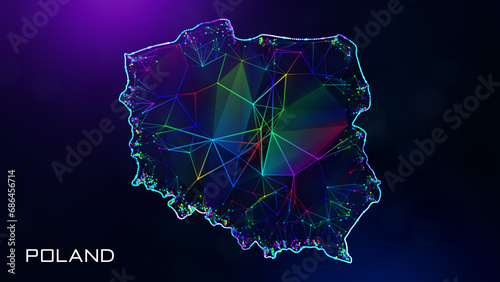 Futuristic Sweet Poland Map Polygonal Blue Purple Colorful Connected Lines And Dots Wireframe Network With Text On Hazy Flare Bokeh Background