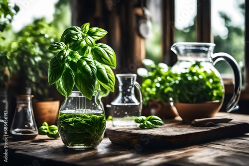 close up view,Beautiful potted basil,  glass jug with water, on wooden table, in kitchen with beautiful view.