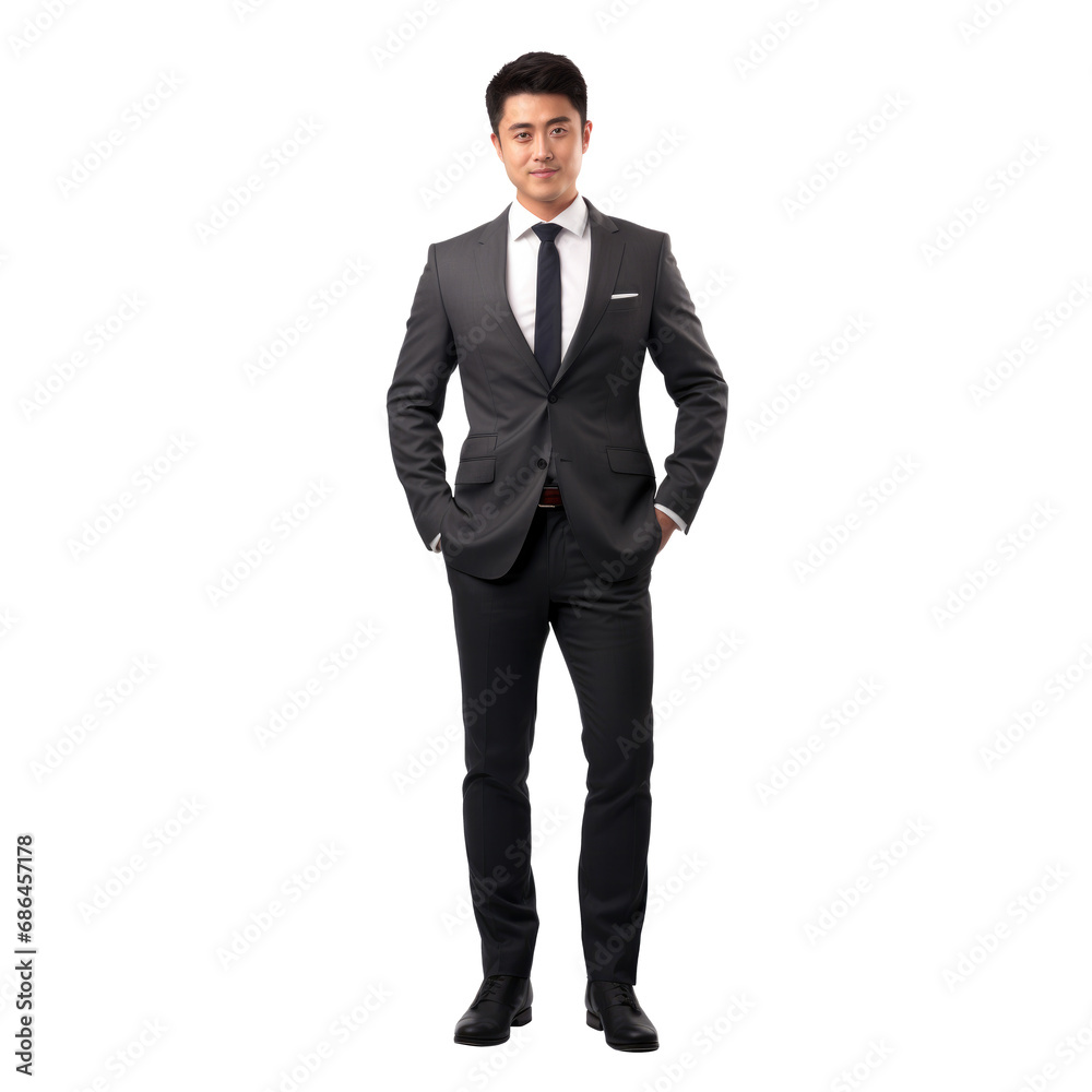 Portrait of Happy smiling Asain businessman ceo wearing suit standing posing, Full body, isolated on white background, png Portrait of Happy smiling Asain businessman ceo wearing suit standing posing, Full body, isolated on white background, png