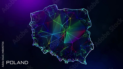 Futuristic Sweet Motion Reveal Poland Map Polygonal Blue Purple Colorful Connected Lines And Dots Wireframe Network With Text On Hazy Flare Bokeh Background, Last 10 Seconds Seamless Loop photo