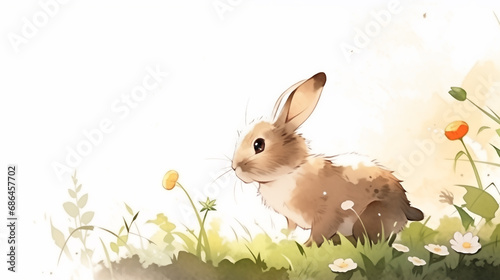 Hand drawn ink illustration of rabbit in the grass in spring  © 俊后生