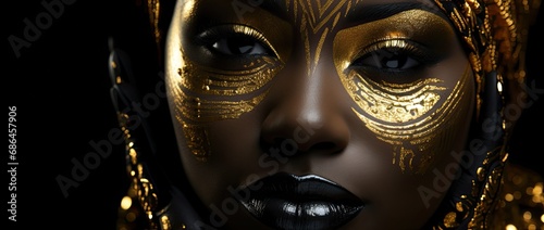 Close-up of an artistic portrait of a beauty fantastic golden professional makeup of an African woman, satin lips, drops of liquid gold paint. Generated by AI.