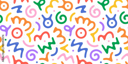 Fun colorful line doodle seamless pattern. Creative minimalist style art background for children or trendy design with basic shapes. Simple childish scribble backdrop.