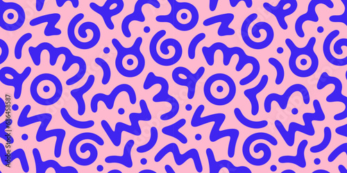 Fun pink line doodle seamless pattern. Creative abstract squiggle style drawing background for children or trendy design with basic shapes. Simple childish scribble wallpaper print.