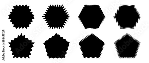 Zig zag and wavy edge shape collection. Jagged pentagon and hexagon element set. Black graphic design pack for decoration, banner, poster, template, sticker, badge, label, tag, flyer. Vector bundle