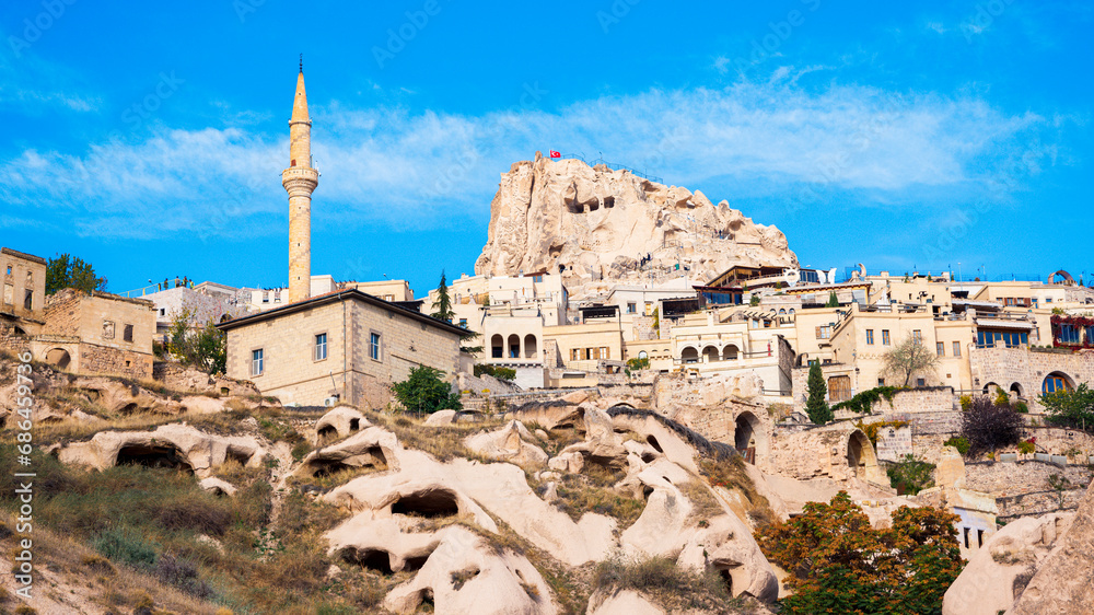 Landscape view of Uchisar town in Cappadocia, Turkey