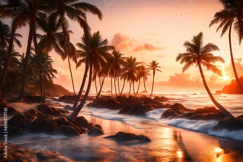  a tranquil beach at sunrise with palm trees swaying