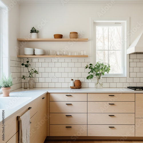 Scandinavian-inspired kitchen with light wood cabinets  subway tile backsplash  and minimalist design for a clean  timeless look