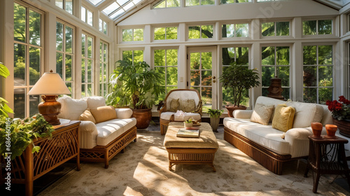 Sun-drenched conservatory with floor-to-ceiling windows, comfortable seating, and a small coffee table