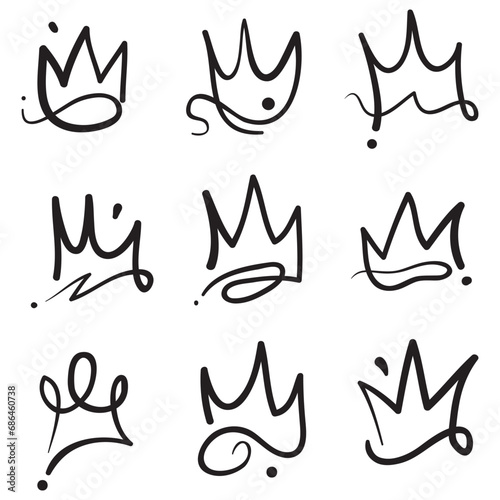 Doodle crowns. Line art king or queen crown sketch  fellow crowned heads tiara  beautiful diadem and luxurious decals vector illustration set. Royal head accessories linear collection