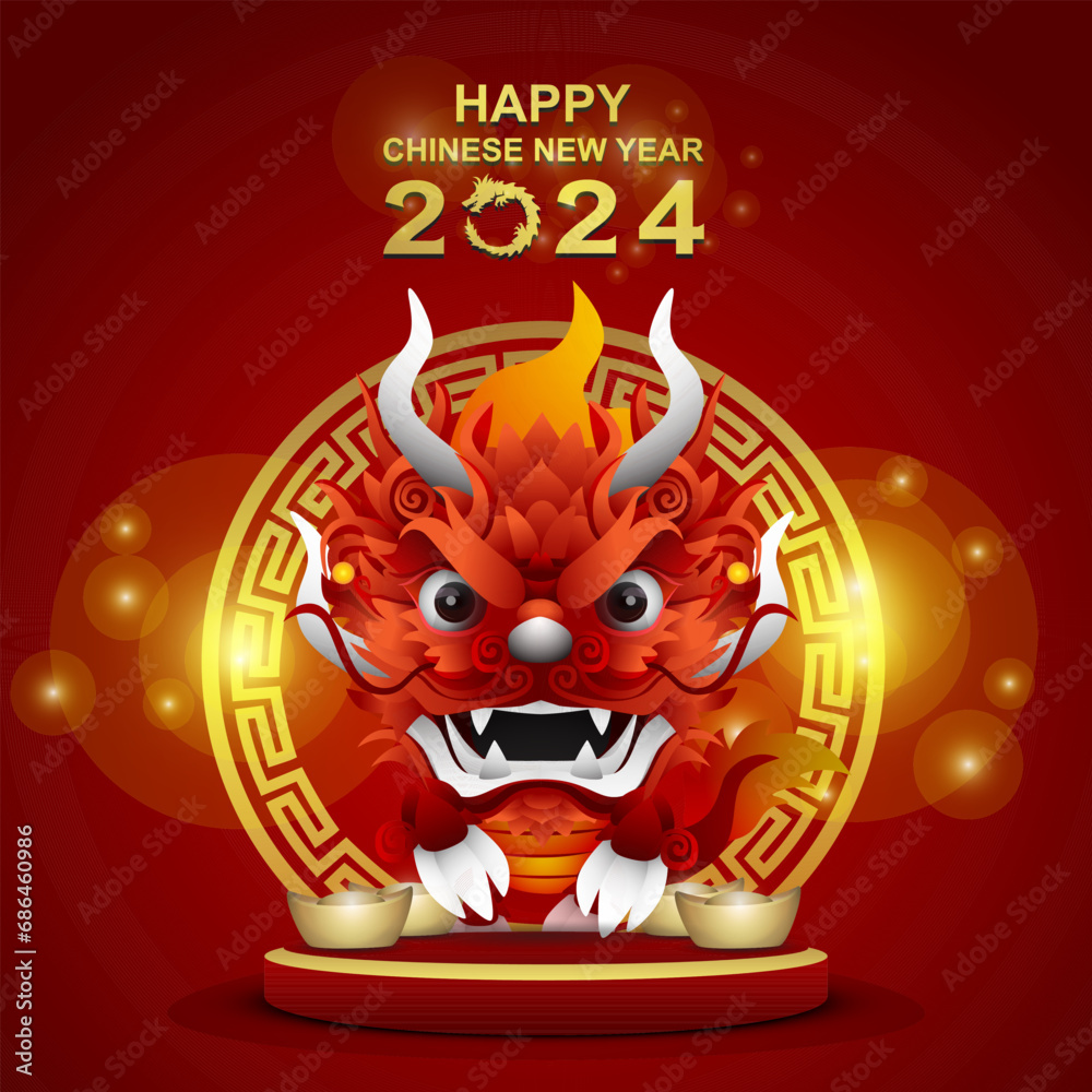 happy chinese new year with lunar dragon elements on stage
