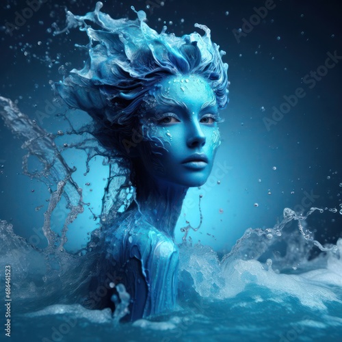 beautiful female fantasy water elemental demon or sea goddess emerges from the ocean
