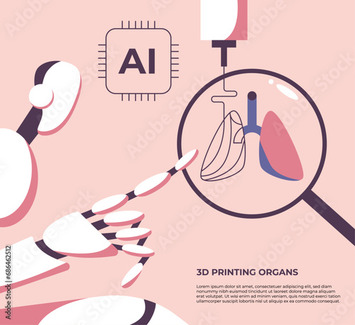 AI robot prints a 3D model of a human lungs. 3D printing of organs. Medicine of the future. Flat vector illustration in cartoon style.