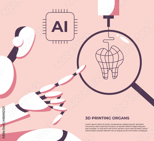 AI robot prints a 3D model of a human tooth. 3D printing of organs. Medicine of the future. Flat vector illustration in cartoon style.