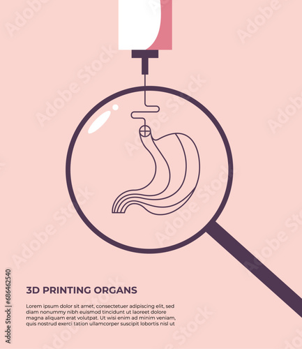 3D printer prints a model of the human stomach. Bioprinting of organs. Medicine of the future. Flat vector illustration in cartoon style.