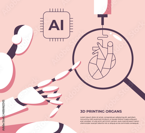 AI robot prints a 3D model of a human heart. 3D printing of organs. Medicine of the future. Flat vector illustration in cartoon style.