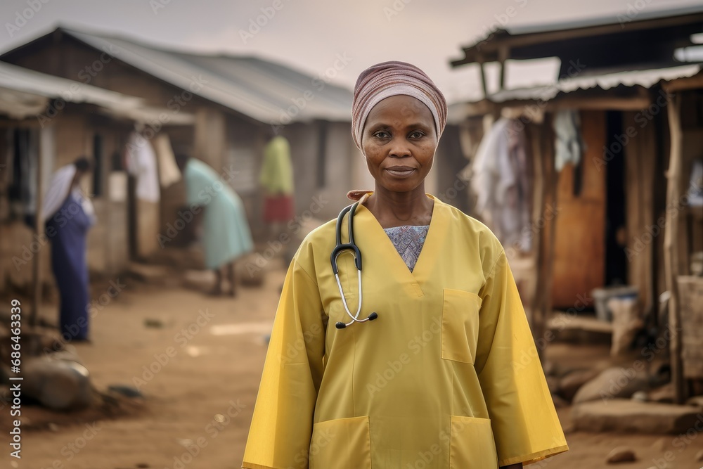 Obraz premium A female doctor from a remote village in a poor country who provides medical care and support 
