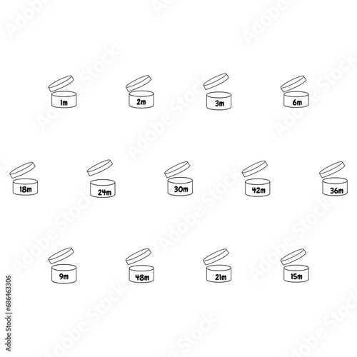 Pao cosmetic open shelf life month. Expiration date after opening. Service life or expiry date icons for product packaging.
