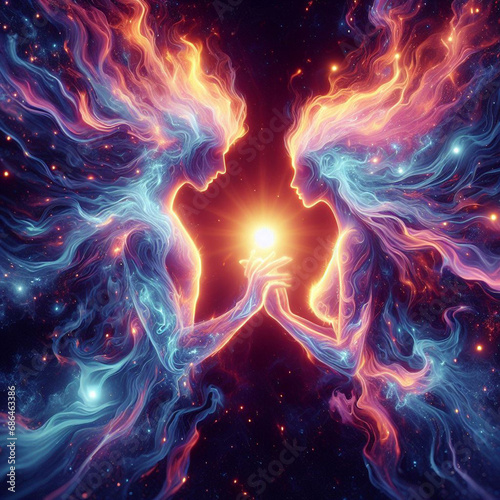 Twin flame couple. Soulmates. The concept of magical, esoteric, tantric, spiritual love. Connection between souls. Illustration for websites and much more. Created using generative ai tools photo