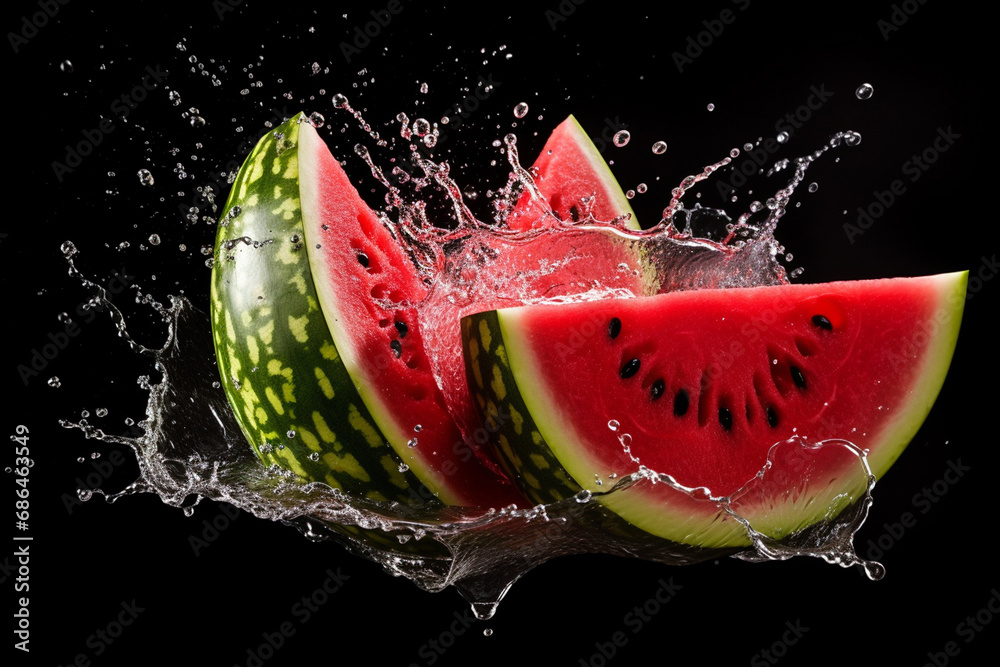 Juicy pieces of ripe watermelon in a splash of water. Generative AI. Juicy pieces of ripe watermelon in a splash of water. Generative AI.