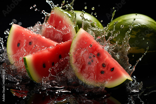 Juicy pieces of ripe watermelon in a splash of water. Generative AI.