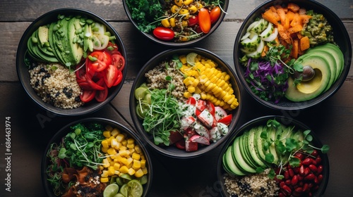 A Vibrant Spread of Nourishing Grain Bowls Filled with Quinoa, Roasted Vegetables, Avocado, and a Variety of Colorful Toppings, Symbolizing Health and Wellness